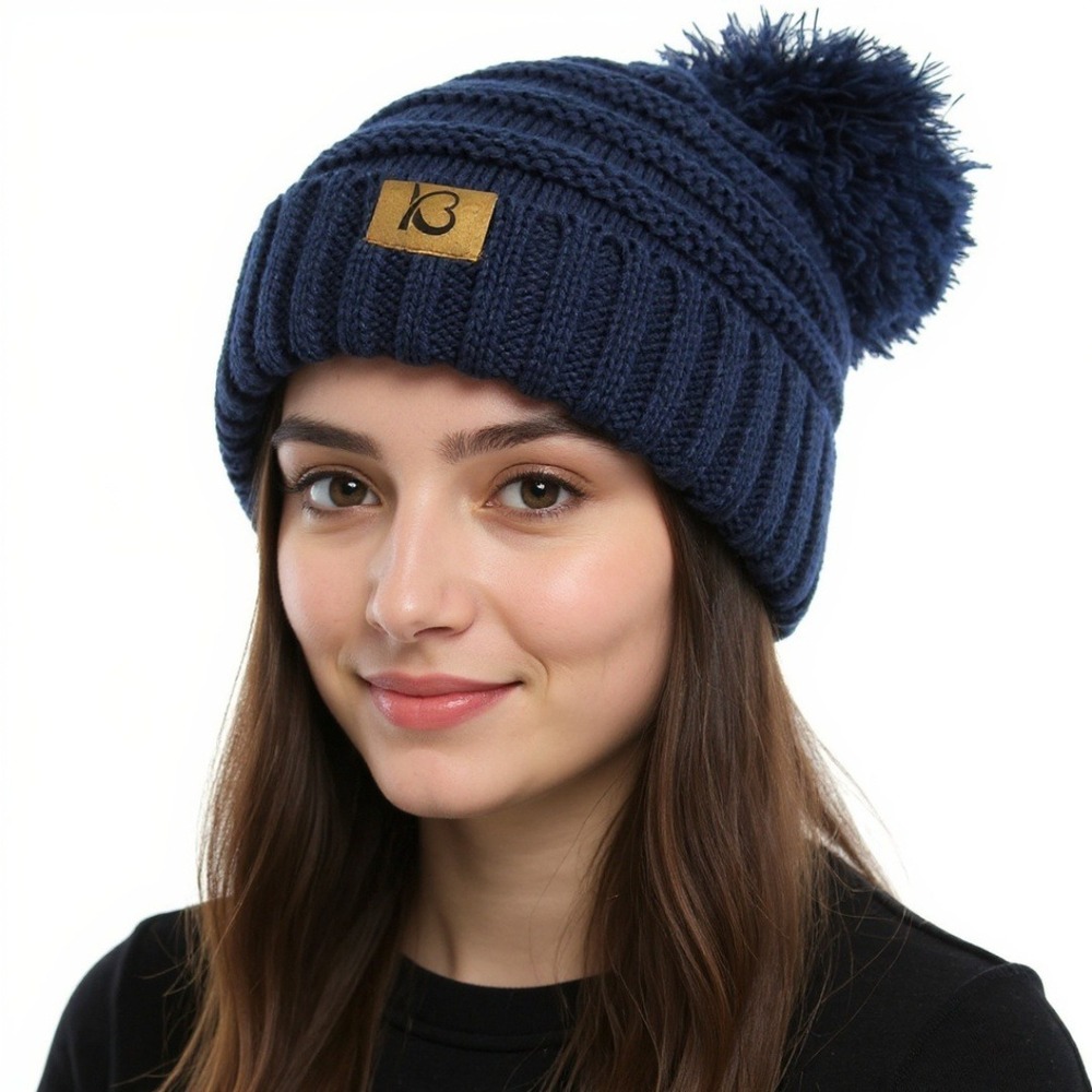 KBETHOS Navy Blue Chunky Pom-Pom Cable Knit Ribbed Beanie NWT